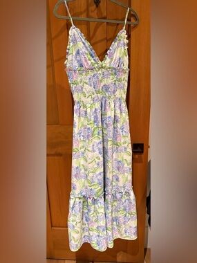 Hill House floral smocked dress in lavender, blue & green size L